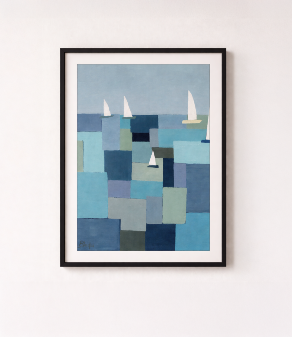 Abstract sailboats on serene seascape
