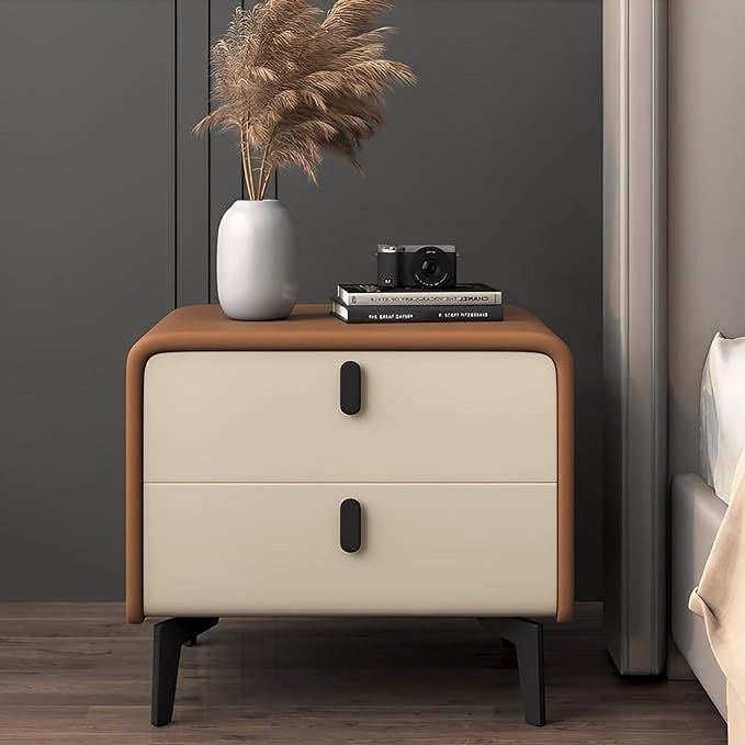 IKuinen Nightstand with Microfiber Leather Wrapping Minimalist Night Stands with Black Stainless Steel Handle Luxury Bedside Table with 2 Solid Wood Drawer End Table for Bedroom Orange