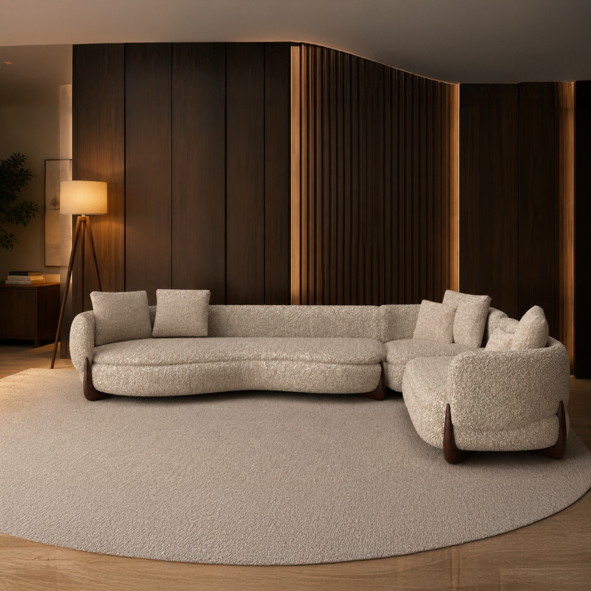 Serenna Premium Teddy Boucle Curved L-Shaped Sectional Sofa with Solid Hardwood Legs