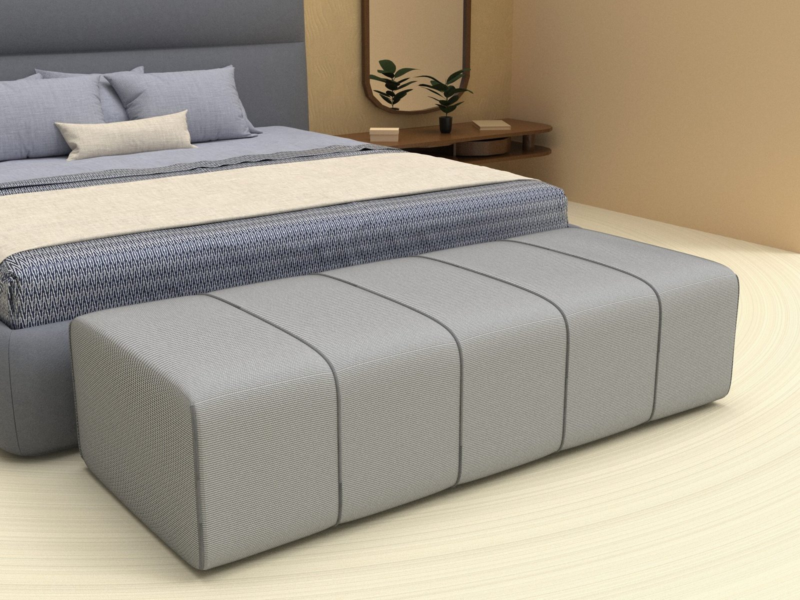 Modern Basketweave Linen Upholstered Bed Bench – 60-Inch End-of-Bed Bench with Vertical Channel Detailing